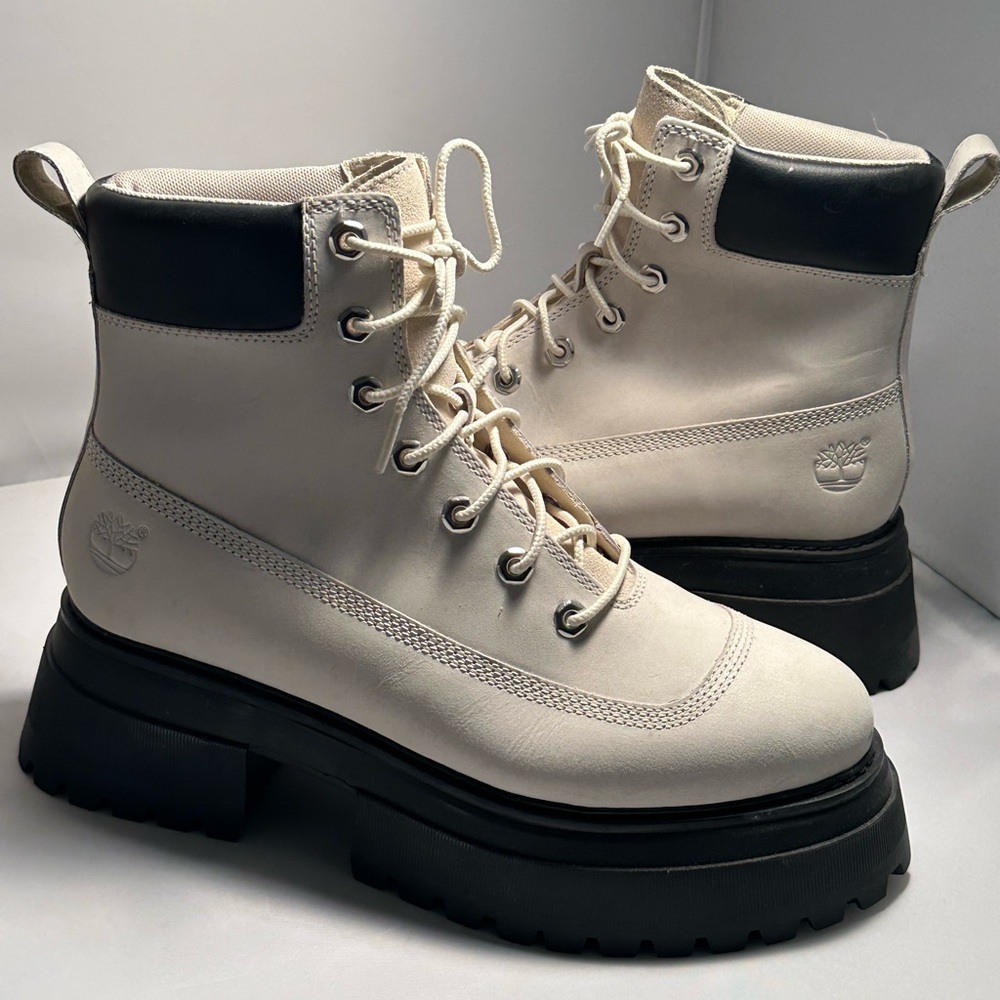 Timberland Sky Boots Womens 9.5 White Leather 6" Platform Chunky Combat Lace Up